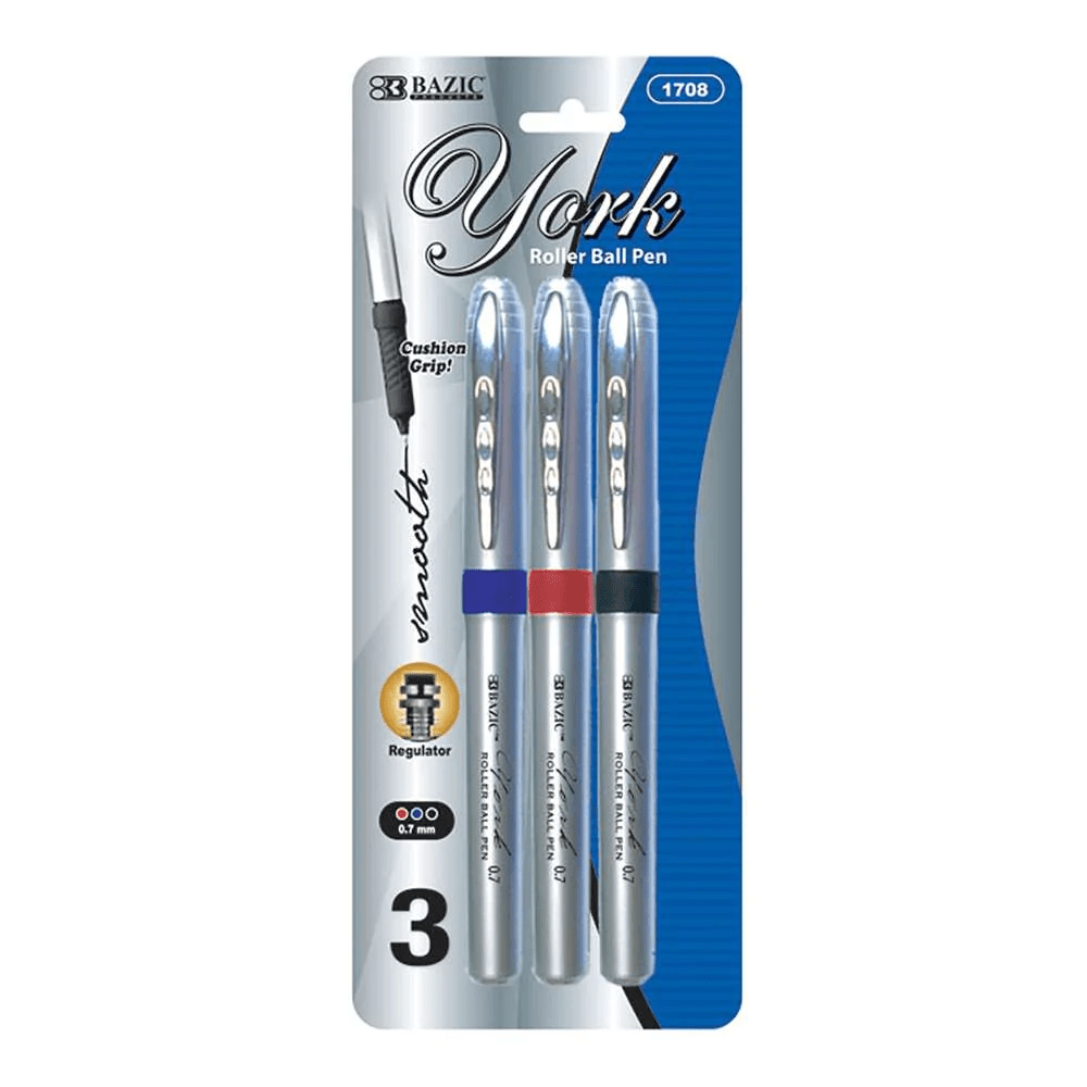 York Assorted Color Rollerball Pen w/ Grip (3/Pack) - Krafty Korner